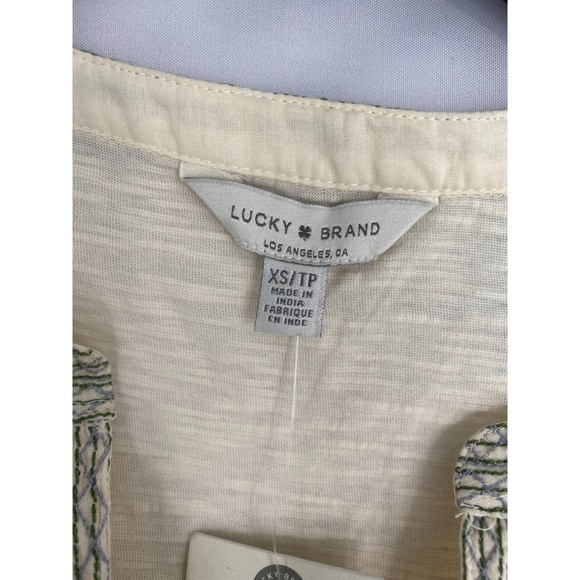 Lucky Brand NWT Mixed Media Embroidered Short Sleeve V Neck Boho Top Nat XS New - Picture 7 of 10